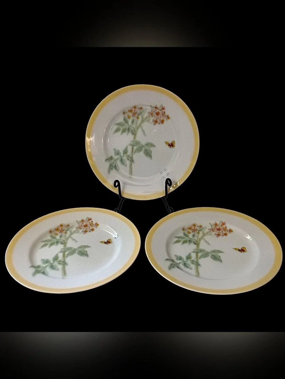 3 Williams Sonoma Flowering Herbs Salad Plates Yellow Band Wild Thyme Butterfly